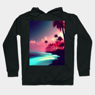 Vaporwave Palm beach with the ocean and sunset landscape Hoodie